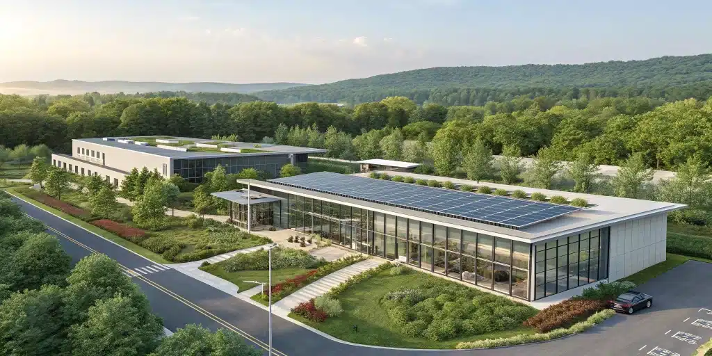 “Exterior of a modern sustainable office building with solar panels and green landscaping.