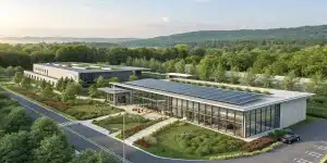 “Exterior of a modern sustainable office building with solar panels and green landscaping.