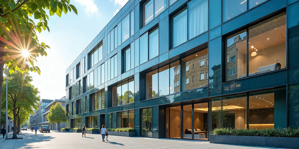 Exterior view of a modern, glass-facade smart building on a sunny summer afternoon, showcasing integrated solar panels and automated window shades.